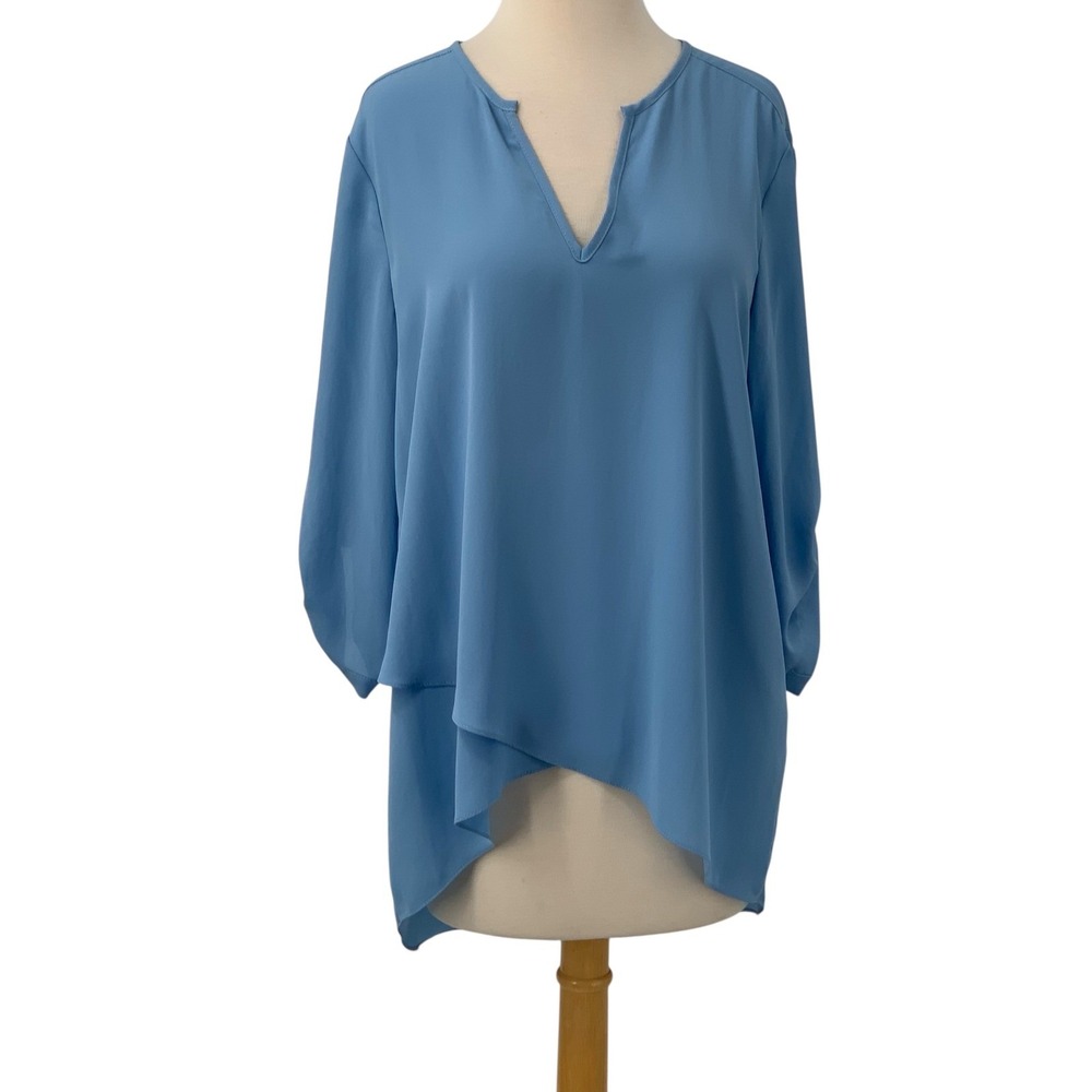 NWT Karen Kane Roll Tab Sleeve V-Neck Driftwood Blue Asymmetrical Tunic Top Sz M
